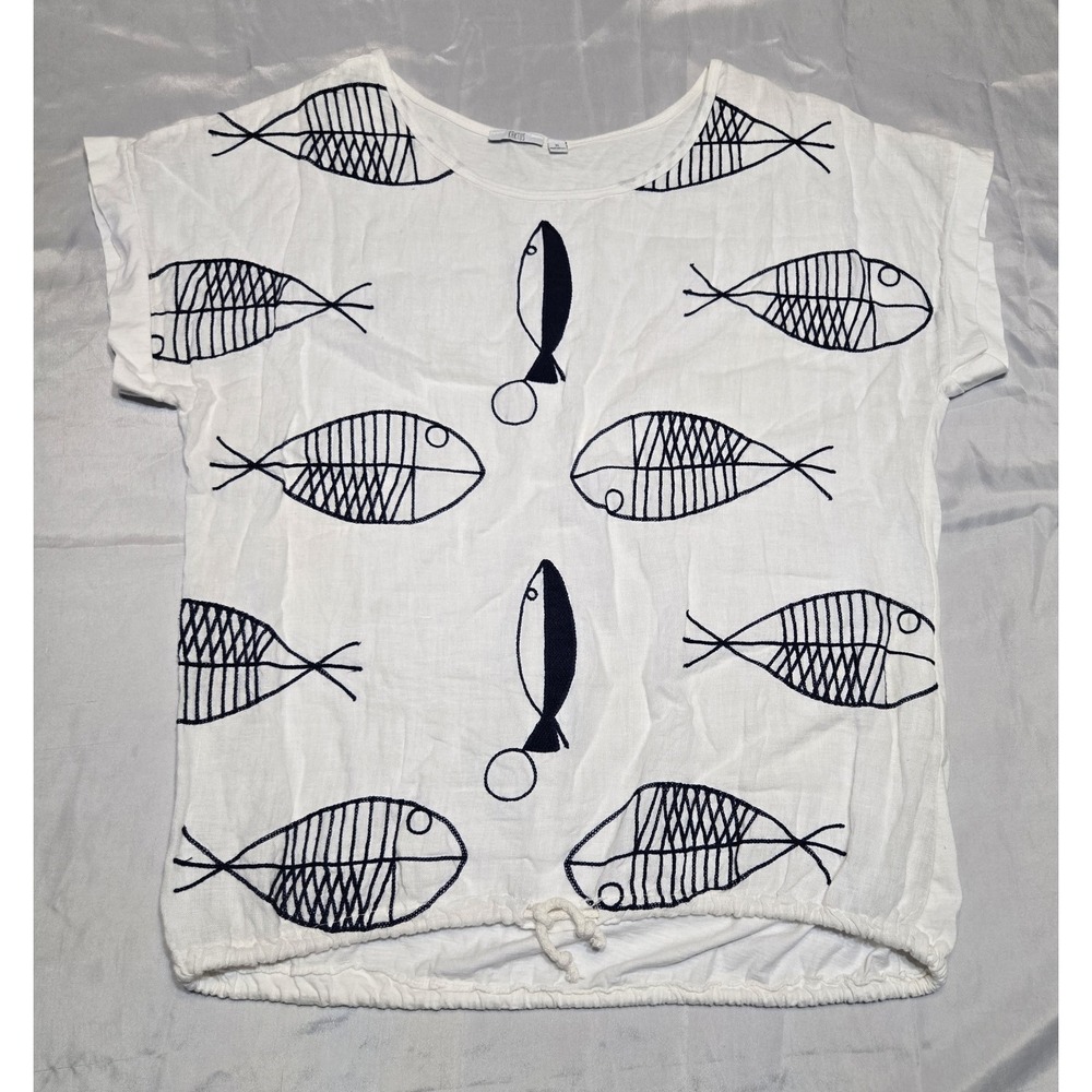Kaktus Embroidered 100% Linen Fish Drawstring Bottom Size XL White Nautical